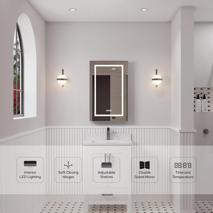 LED Lighted Medicine Cabinet with Mirror – Recessed or Surface Mount, Defogger, Dimmer, Clock, Temp Display, 3X Makeup Mirror, USB & Dual Outlets (Left or Right Opening)