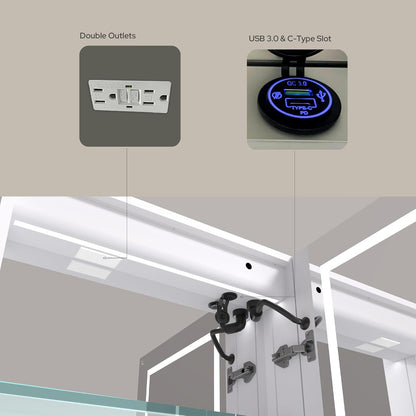 LED Lighted Medicine Cabinet with Mirror – Recessed or Surface Mount, Defogger, Dimmer, Clock, Temp Display, 3X Makeup Mirror, USB & Dual Outlets (Left or Right Opening)