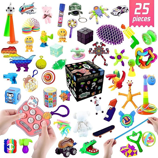 25 or 101 Pieces Fidget Mystery Box for Kids Girls & Boys - Fun Sensory Fidget Toys Bulk Variety Pack for Toddlers - Fidget Prizes for Classroom Surprise Gift Box