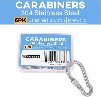 Oval Carabiner Stainless Steel - Small Strong Metal Multitool Carabiner Heavy Duty for Hammocks, Keys, Hanging (6 Pcs)