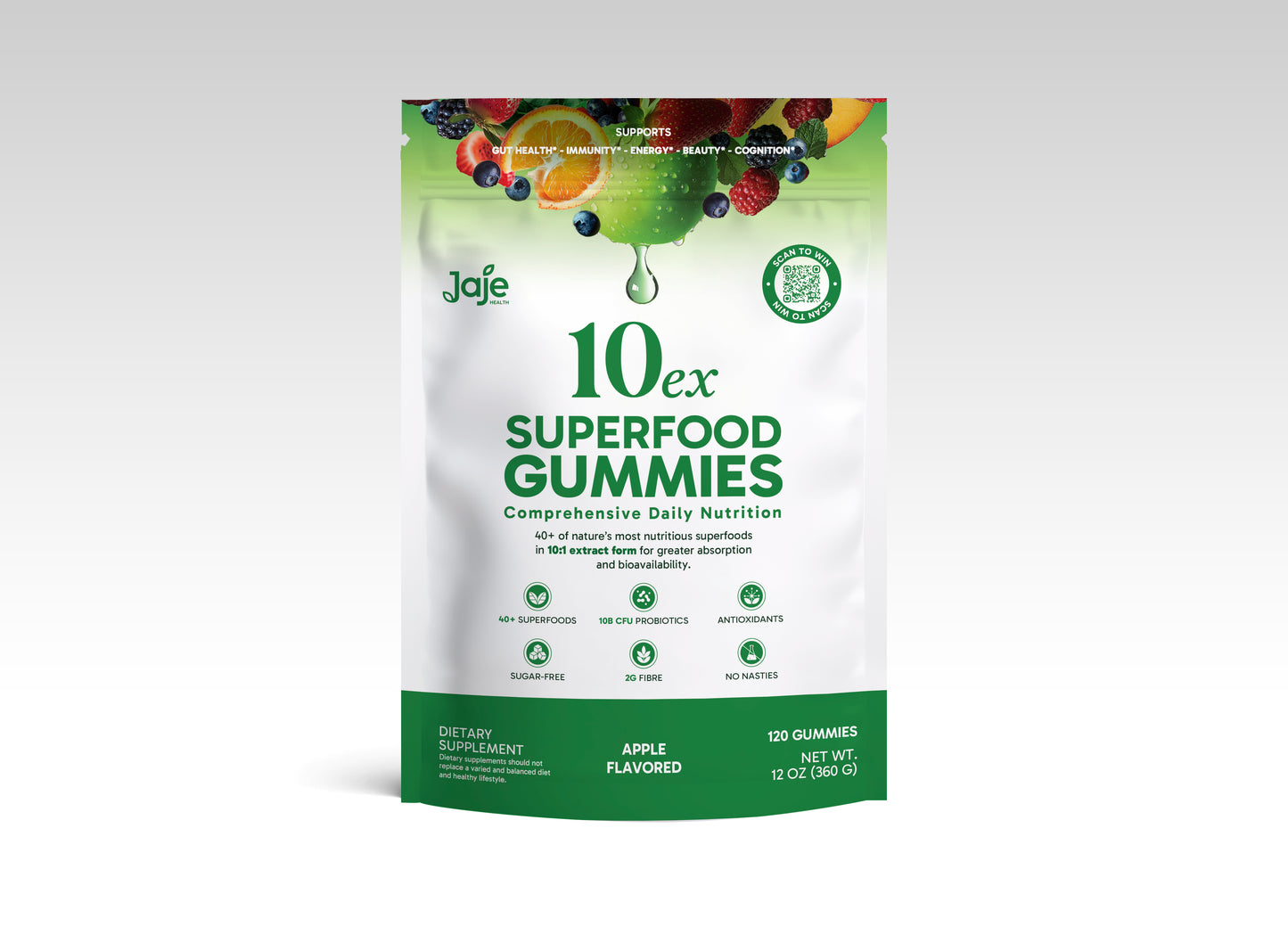 Jaje Health 10EX Superfood Gummies with Probiotics, Apple Flavor, Greens & Fruit Extract Blend, Vegan, Sugar Free Daily Supplement